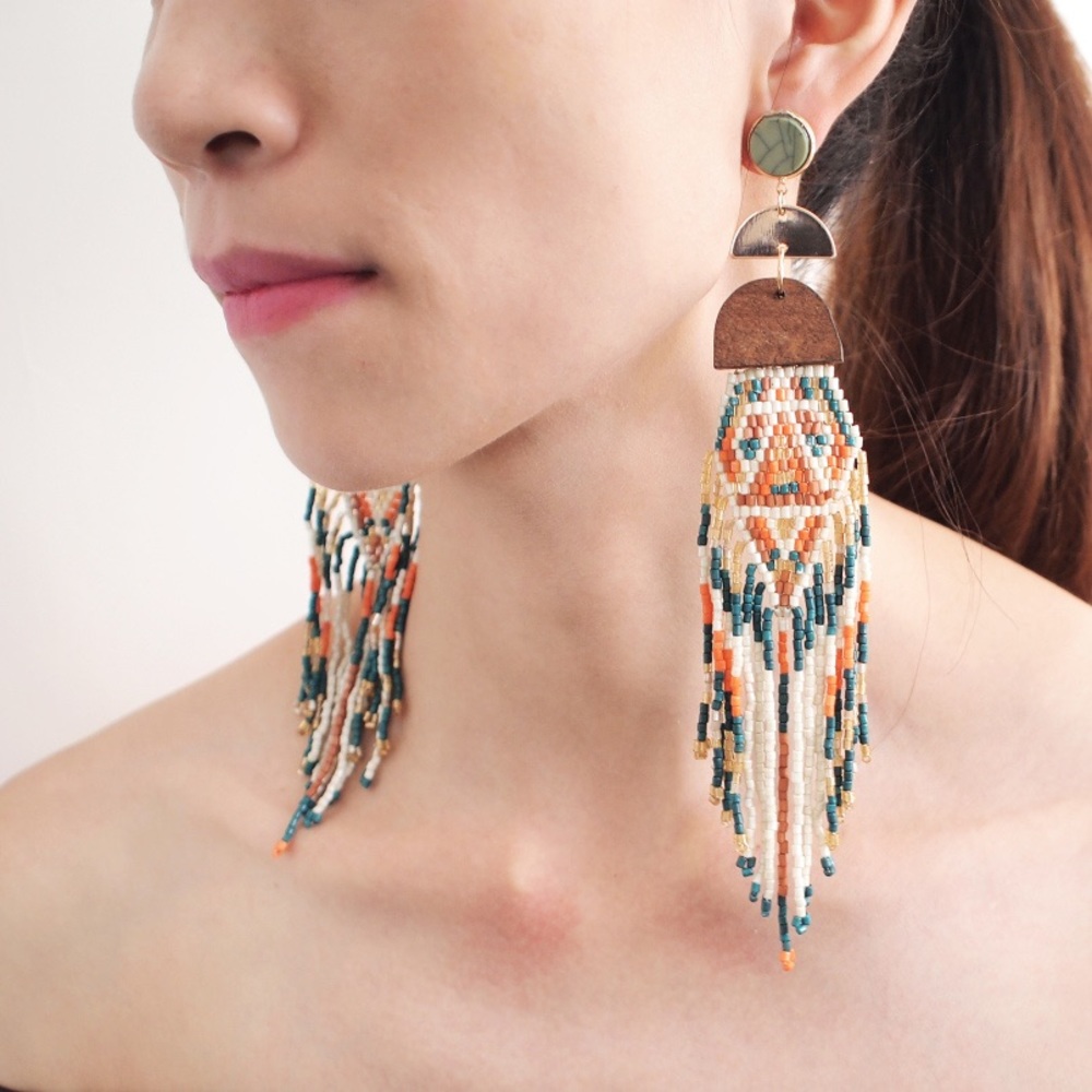 Western Boho Beaded Long Fringe Dangle Earrings - Picture 5 of 5